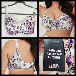 48D Torrid Balconette Bra Back Smoothing Full Coverage Purple Floral Wired Lined